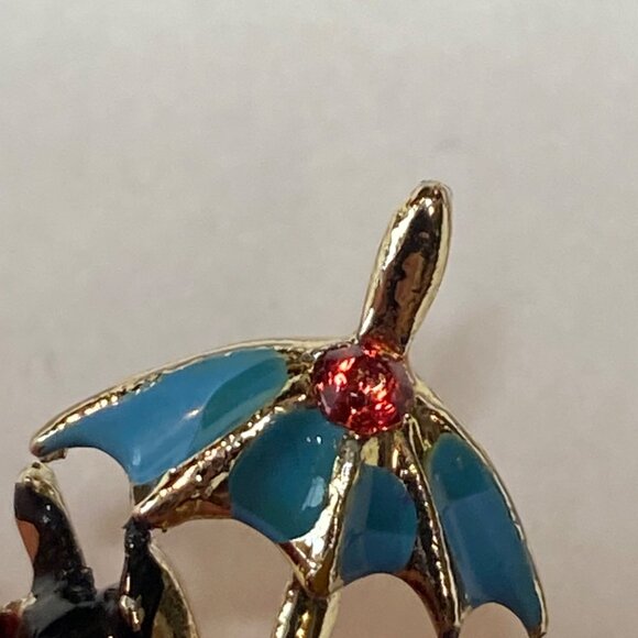 Vintage Poodle Brooch With Blue Umbrella & Rhinestone Eyes J0134 - Picture 3 of 16